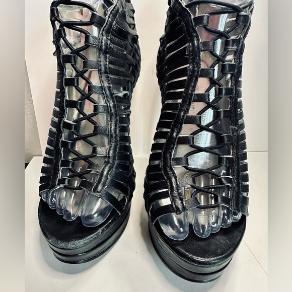 Mea Shadow Heels Gladiator Stiletto Platform BLACK Woven Leather SZ 6 - Picture 7 of 16